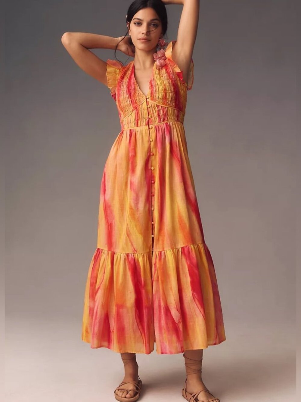 NWT Anthropologie The Peregrine Midi Dress Size L Pink Yellow Orange Combo